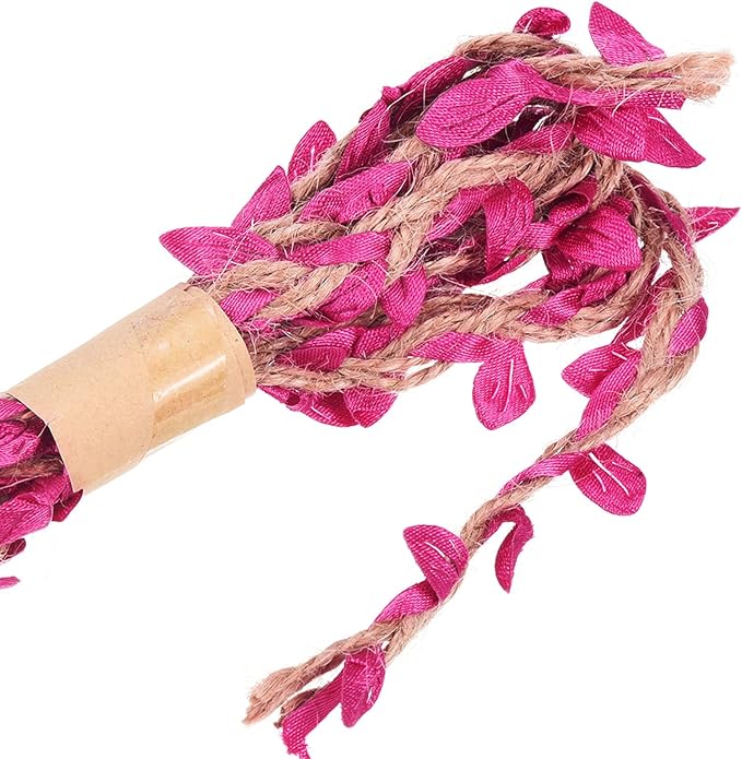 PATIKIL 6.6ft 5mm Burlap Leaf Ribbon, 2 Pack Braided Decoration Vine Natural Jute Rope Twine with Artificial Leaves for Jungle Wedding Party Home Garden Decor, Fuchsia