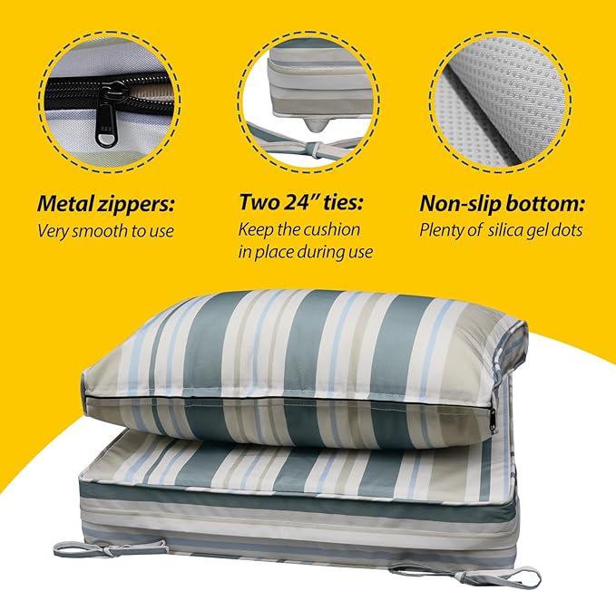 AAAAAcessories Outdoor Seat Cushions for Chairs, Fade-Resistant, Waterproof Patio Furniture Replacement Cushions, 23" x 23" x 5" + 23" x 13.5", Slate Gray Blue Coastal Stripe