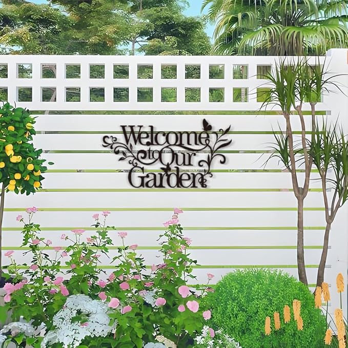 Welcome Metal Sign for Outdoor, Rustic 'Welcome to Our Garden' Wall Decor, Black Weatherproof Metal Art for Front Porch, Fence, or Yard, Country Housewarming Gift
