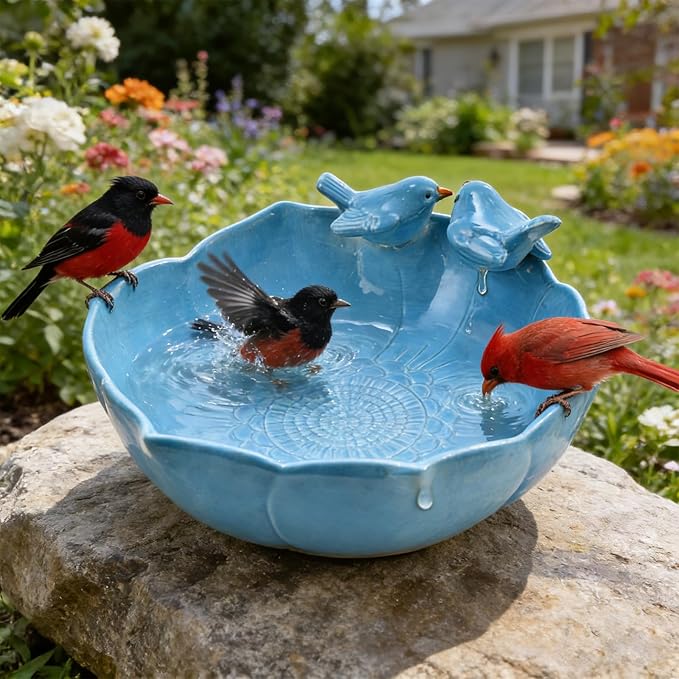Ceramic Bird Bath for Outdoors, 10.1” Hand-Painted Glazed Ceramic Bird Baths Bowls and Feeders for Outside, UV/Frost-Resistant Finish Ground Garden Table Top Bird Baths Decor for Patio Yard Home Blue