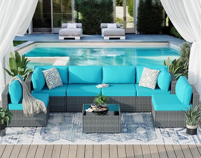 JAMFLY 7-Piece Outdoor Patio Furniture Set, Modular PE Rattan Sectional Sofa with Thick Cushions & Glass Coffee Table, Weather-Resistant Wicker Conversation Set for Poolside, Balcony, Garden, Blue