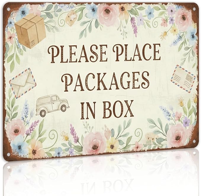 Floral Delivery Tin Sign - "Please Place Packages in Box" - Vintage Watercolor Floral Porch Decor - Universal Instruction Plaque for All Carriers - 8x12 Rust-Free Aluminum - Polite Package Drop Off Metal Sign