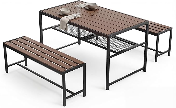 Outdoor Dining Set, 55" Picnic Table with Umbrella Hole & Storage Shelf, 3-Piece Set with 2 Movable Benches, All-Weather HDPE & Metal Frame for Backyard, Deck, Patio, BBQs & Garden