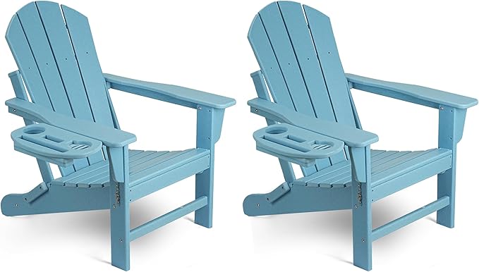Adirondack Chair Set of 2, HDPE Folding Adirondack Chair with Multifunctional Cup Holder, Weather Resistant Fire Pit Chair for porches, patios, patios, poolsides, Decks.