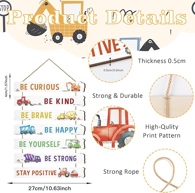 HLNIUC Construction Room Decor for Boys,Motivational Transportation Positive Quotes Hanging Plaque,Cartoon Truck Wall Art,Inspiring Classic Vehicle Hanging Sign for Kids Room Playroom Nursery Decor