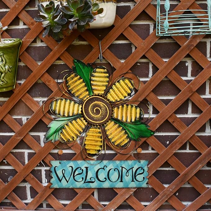 Welcome Sign for Front Door Decor Hanging Sign, Metal Flower Welcome Door Sign Wall Art Decor Hanging for Indoor Outdoor Patio Garden Yard Sign Porch Decoration 15.75X12.75In (B)
