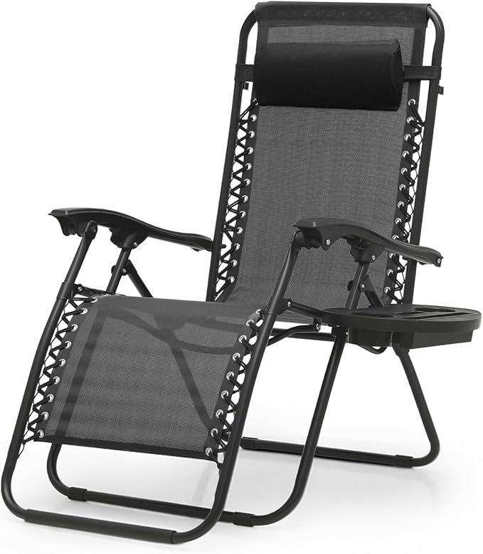 Magshion Zero Gravity Lounge Chair, Adjustable Folding Recliner with Cup Holder Side Tray & Removable Headrest Pillow, Portable Outdoor Patio Lounger for Camping, Beach, Lawn, Backyard, Black