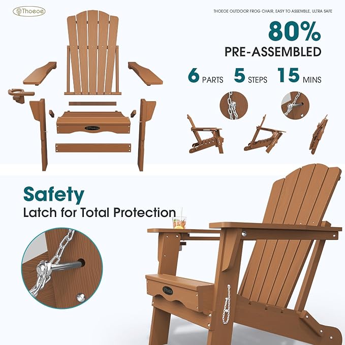 Folding Adirondack Chair Set of 2,HDPE All-Weather Outdoor Chair with Cup Holder,Wooden Textured,Fire Pit Chair,Plastic Patio Chair for Deck,Backyard,Garden,Lawn(Wood)