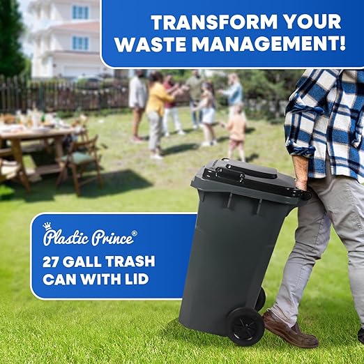 27 Gallon Outdoor Trash Can with Lid and Wheels Small Wheeled Outdoor Garbage Cans Storage Outside Heavy-Duty Rolling Trash Bin for Home Office Commercial Use, Plastic Gray 2 Pack