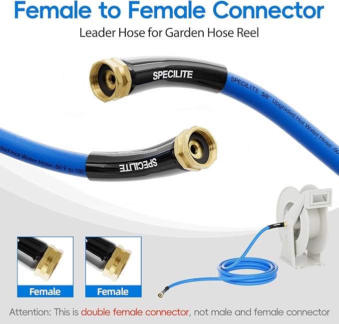 SPECILITE Female to Female Hot/Cold Garden Water Hose 3 ft x 5/8 Inch for Hose Reel, -50℉To 190℉, Heavy Duty, Flexible, Burst 605 Psi, Rubber Extension Pipe with 3/4" Brass Fittings