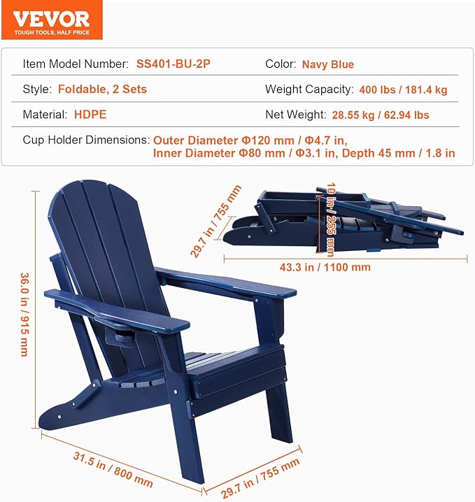 VEVOR Folding Adirondack Chairs Set of 2 with Cup Holder, All-Weather Portable Plastic Fire Pit Chair, Outdoor Adirondack Patio Chair, with Relaxing Arm Rest Ergonomic, for Garden, Backyard, Navy Blue