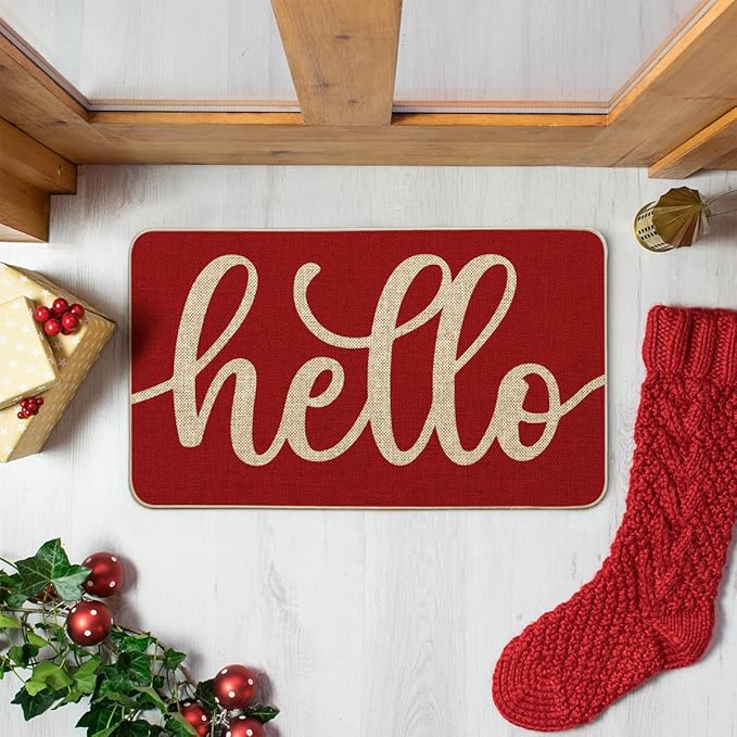 Artoid Mode Red Hello Valentine's Day Doormat, Anniversary Home Decor Low-Profile Switch Rug Door Mat Floor Mat for Indoor Outdoor 17x29 Inch