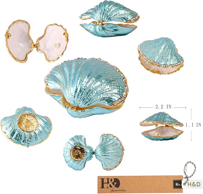 H&D HYALINE & DORA Metal Glass Trinket Box Ring Holder Small Seashell Figurine Collectible Table Centerpiece (pearl mussel)