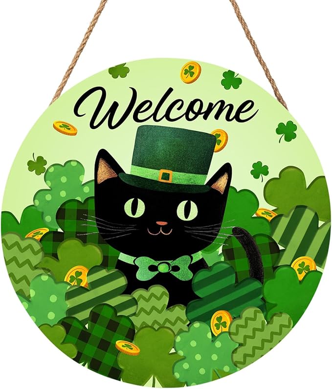 Welcome St. Patrick's Day Green Shamrock Clover Door Sign For Front Door Decor,Black Cat Gold Coins Irish Wooden Sign 12"x 12" Round Wood Hanging Door Sign Decoration for Wall Rustic Decor