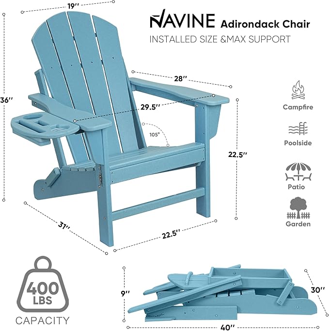 Adirondack Chair Set of 8, HDPE Folding Adirondack Chair with Multifunctional Cup Holder, Weather Resistant Fire Pit Chair for porches, patios, poolsides, Decks.