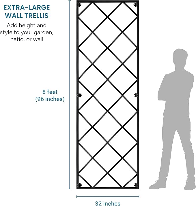 Giant Wall Trellis, 8 Foot Tall (96” high by 32” Wide), for Outdoor Climbing Plants, Sturdy Rectangular Shaped Metal Frame with Lattice Design