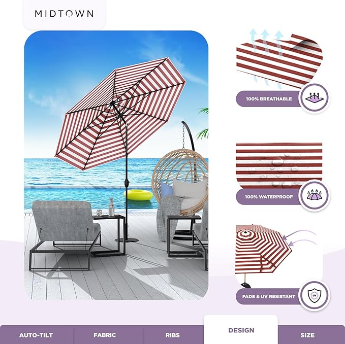 Midtown Umbrellas - 10-Year-No-Fade 6 Ft Patio Umbrella with Terylast Fabric, Auto-Tilt Aluminum Frame and 8 Reinforced Ribs for Deck, Pool, Garden & Beach - Red/White Stripes Canopy, Black Pole