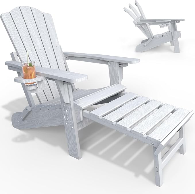 Folding Adjustable Adirondack Chairs with Ottoman & 1 Cup Holders, HDEP Multifunctional Adirondack Chair with Footrest,White