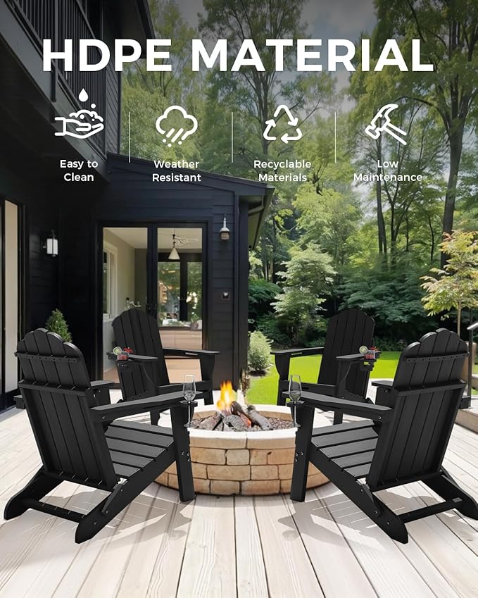 Folding Adirondack Chair, HDPE Adirondack Chair with 2 Cup Holders, Easy Assembly Outdoor Fire Pit Chairs for Patio, Garden, Poolside, Black