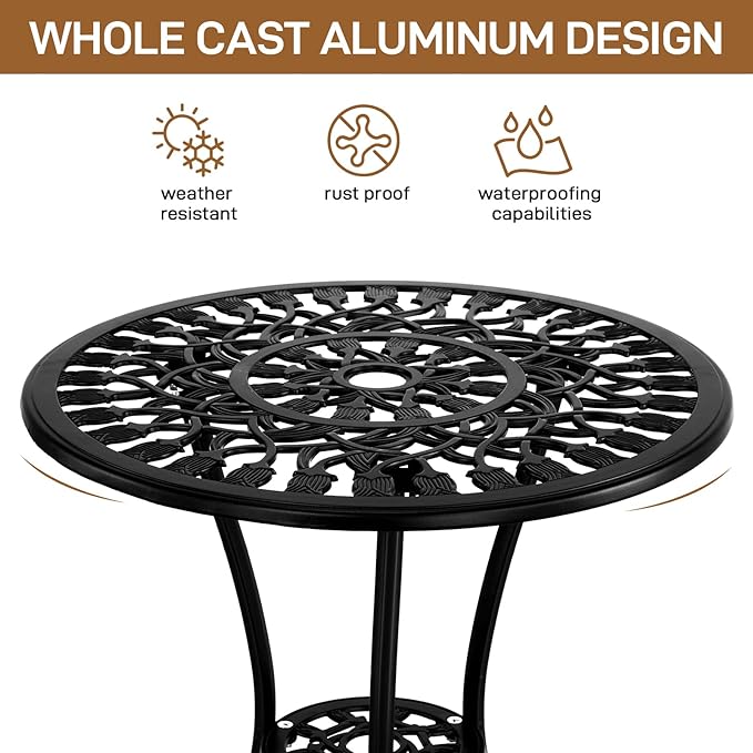 VINGLI 3 PCS Outdoor Bistro Set, Outdoor Patio Set, All-Weather Cast Aluminum Bistro Table Set, Bistro Table and Chairs Set of 2 for Backyard, Garden, Balcony (Black, Tulip)