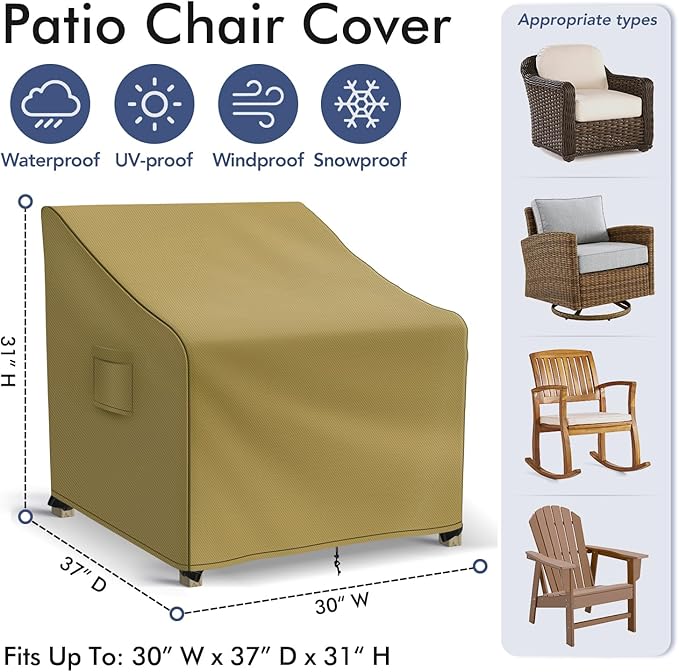 Patio Furniture Covers Waterproof for Chairs, Lawn Outdoor Chair Covers 2 Pack, Patio Chair Covers for Outdoor Furniture Fits up to 30W x 37D x 31H inches, Khaki
