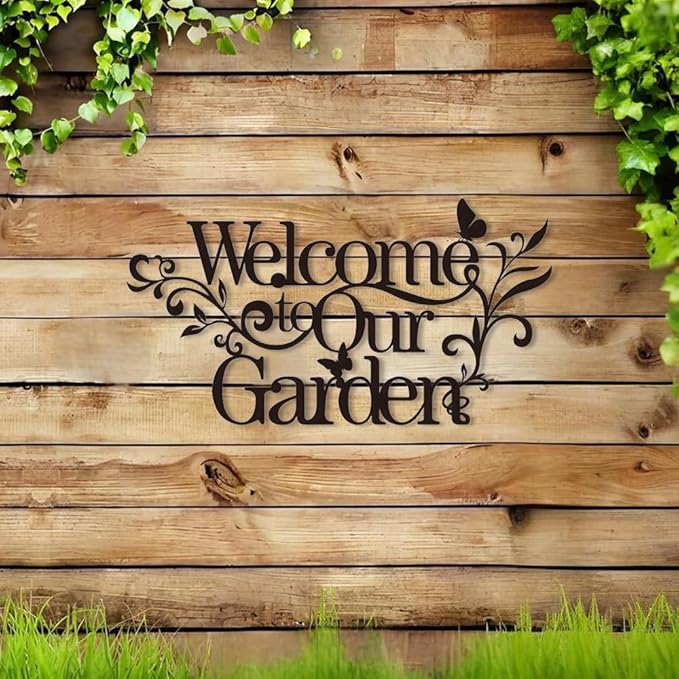 Welcome Metal Sign for Outdoor, Rustic 'Welcome to Our Garden' Wall Decor, Black Weatherproof Metal Art for Front Porch, Fence, or Yard, Country Housewarming Gift