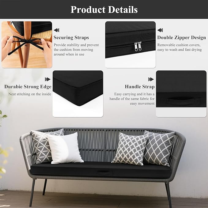 SHACOS Outdoor Bench Cushions 48 x 16 Inch, 3.2 Inch Thick High-Density Bench Cushion, Waterproof & Fade-Resistant Removable Cover with Ties, Bench Seat Cushions for Patio Garden Furniture, Black