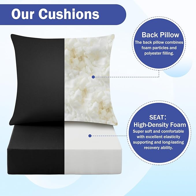 Outdoor Seat Cushion Set, Waterproof & Fade Resistant Patio Chair Cushions, Outdoors Cushion for Patio Furniture, 24 x 24 x 5.75 Inch, Outdoor Couch Cushions with Handle and Ties, Black