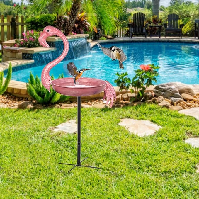 Pink Flamingo Bird Bath - 12-inch Metal Outdoor Bird Bath with 5-Prong Ground Stake, Rust-Resistant Garden Feeder for Patio Decor, Bird Lover Gift