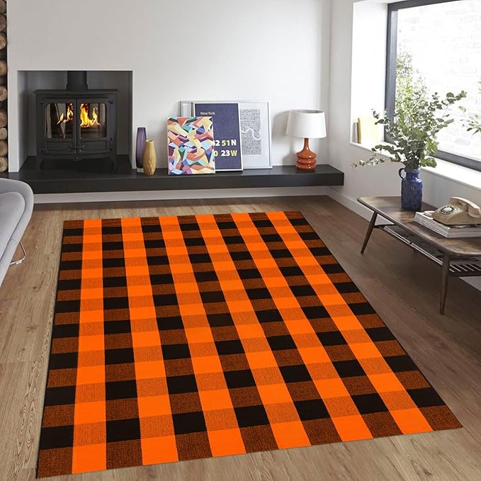 Fall Outdoor Rug Orange Buffalo Plaid Outdoor Rug Cotton Hand-Woven Buffalo Check Rug Layered Doormats for Front Door/Front Porch/Farmhouse/Entryway/Patio