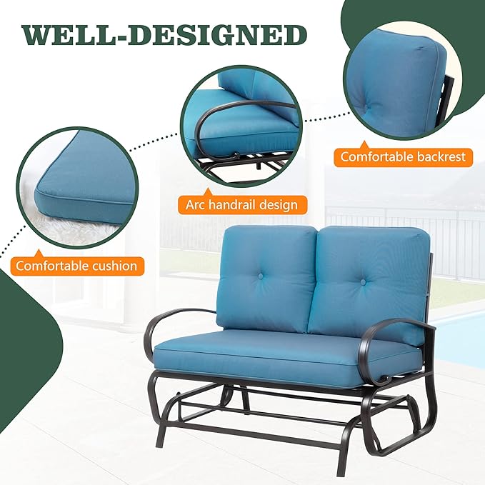 Shintenchi Metal Outdoor Patio Swing Glider Bench, Loveseat Rocking Chair, Wrought Iron Patio Furniture Steel Frame Glider Chair with Cushion for Porch, Balcony, Garden(Ocean Blue)