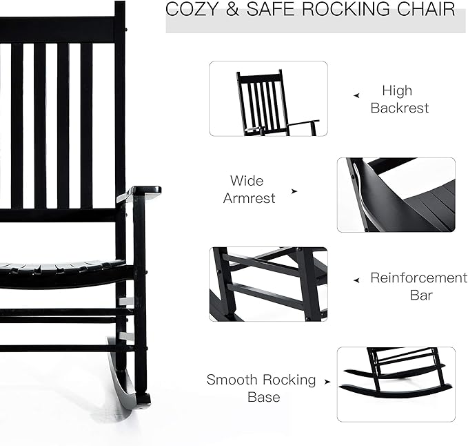 Outsunny Outdoor Rocking Chair, Patio Wooden Rocking Chair with Smooth Armrests, High Back for Garden, Balcony, Porch, Supports Up to 353 lbs, Black