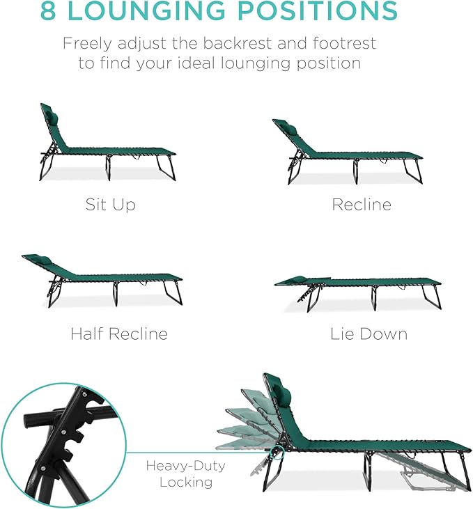 Best Choice Products Patio Chaise Lounge Chair, Portable Outdoor Folding Recliner for Lawn, w/ 8 Positions, Handles, 300lb Capacity - Forest Green