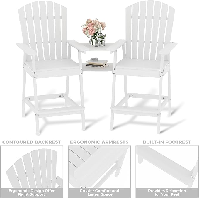 GarveeLife Outdoor Bar Height Adirondack Chairs with Connecting Tray, Balcony Chairs Adirondack for Deck, Backyard, Outdoor Tall AdirondackChairs, Patio High AdirondackChairs Set of 4