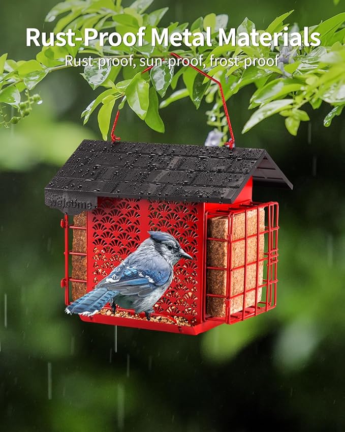 Suet Bird Feeders for Outdoors Hanging, Metal Suet Bird Feeder with Double Suet Cage Cake, 4.9 lbs Large Capacity, Easy to Clean & Refill, Ideal for Wild Birdfeed & Garden Decoration