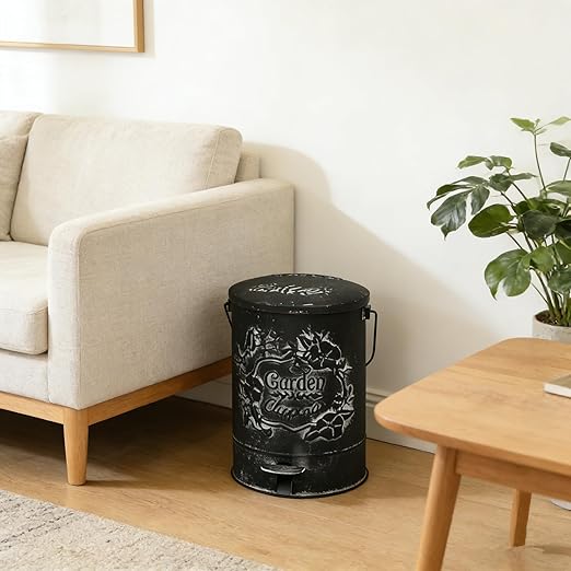Z&Z ornamentorum Outdoor Small Trash Can with Lid Dog Poop Trash Can Outside for Kitchen Park Garden and Pedal Round Touchless Garbage with Flower and Bird Patterns (Black)