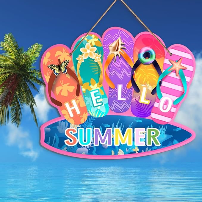 Summer Decor Welcome Door Sign Slippers Hanging Sign Summer Wall Decor Welcome Hello Flip Flop Door Sign Hello Summer Dopamine Decor Rustic Wood Hanging Plaque Yard Garden Decoration with Rope