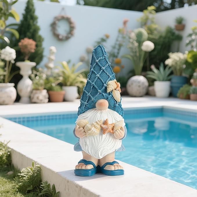 Beach Gnomes Statues,Ocean Gnomes,Nautical Themes Decoration,Beach, Gnome Holding Seashells