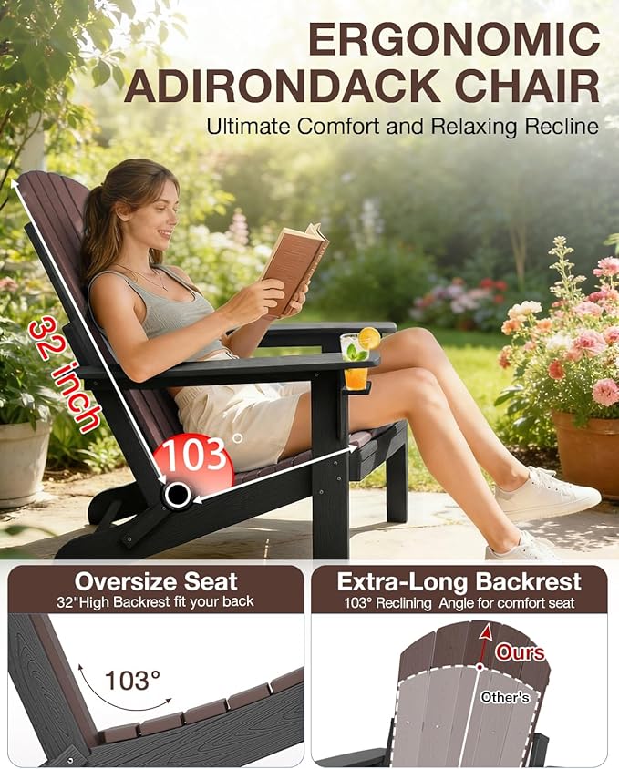 Folding Adirondack Chair –Recyclable HDPE Outdoor Adirondack Patio Chair with Cup Holder, Wood Texture & Umbrella Hole, 25-Year Fade-Free All Weather for Fire Pit, Porch, Poolside, Deck, Brown & Black