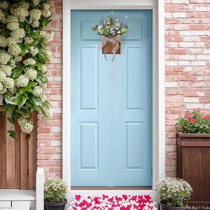 Purple Daisy Wreath Spring Door Hanger Basket Wreath, Artificial Spring Summer Wreaths with Green Eucalyptus Leaves and Lavender for Front Door Indoors Outdoor Decor Rustic and Farmhouse Wreaths