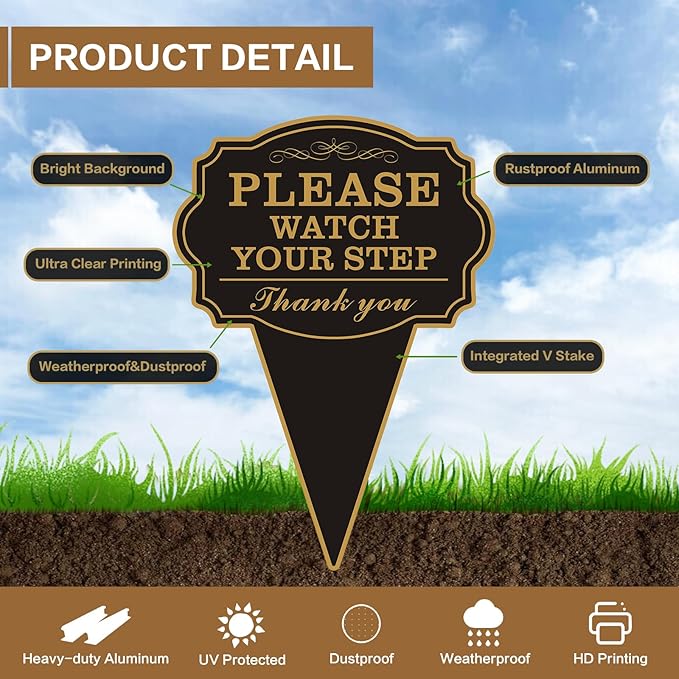 Double Sided Yard Sign, 10"x14" Caution Watch Your Step Garden with Stake, Rust-Free Metal Please Watch Your Step Sign Outdoor, UV Printed Safety Sign for Walkway or Lawn (WATCH YOUR STEP-1PACK)