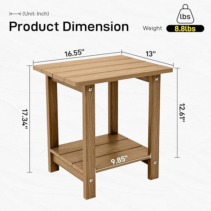 Outdoor Side Table, Weather Resistant Double Small Adirondack Side Table, Outdoor Indoor End Table for Adirondack Chair, 17" Patio Table for Pool, Deck and Porch, Brown