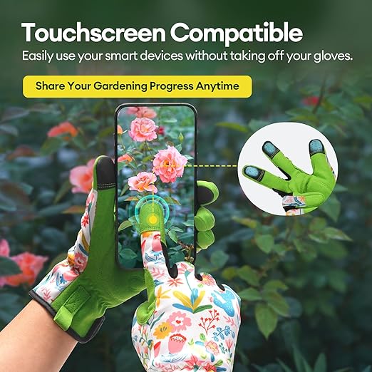 Gardening Gloves for Women, Breathable Leather Work Gloves, Thorn-Proof Gardening Gifts, Touchscreen Compatible, Protective Work for Digging, Planting, Pruning, Large Size, Green & White