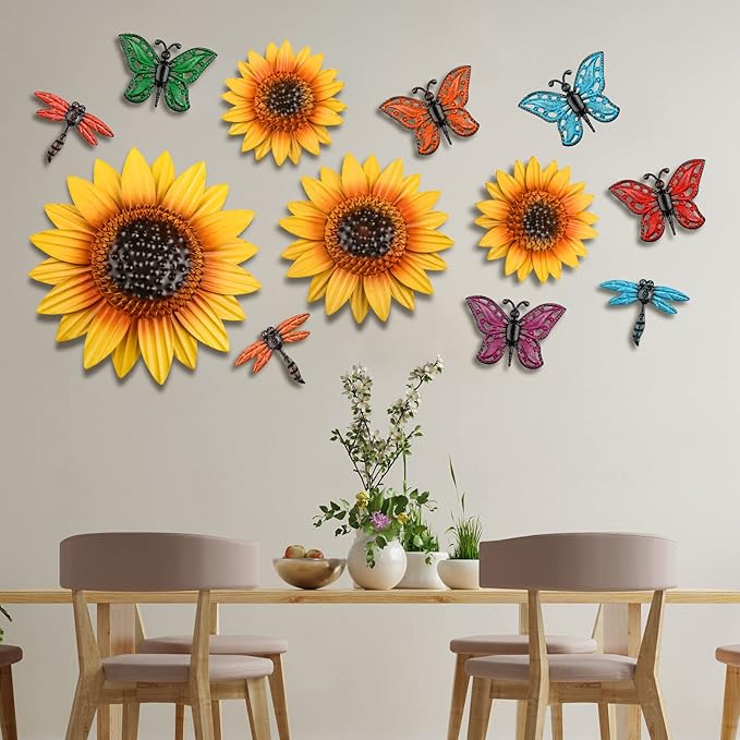 Sweetude 12 Pcs Metal Sunflower Wall Decor with Colorful Dragonfly and Butterfly Decor Flowers Wall Art Metal Yellow Summer Flowers Hanging for Garden Fence Patio Yard Outdoor Porch Home