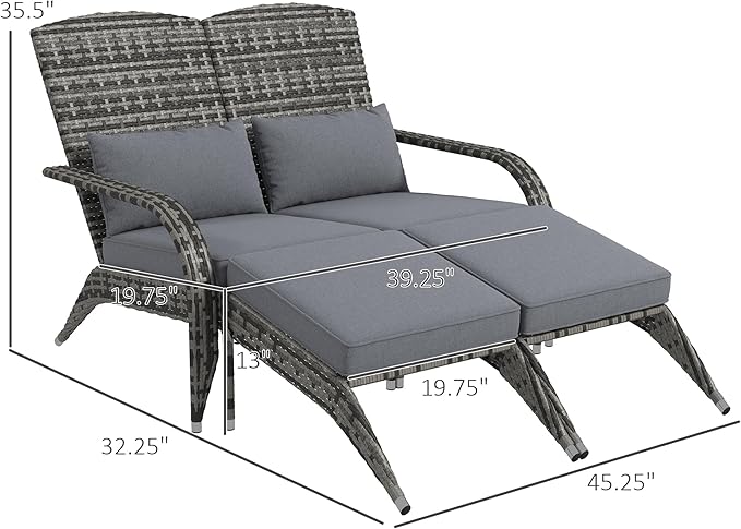 Outsunny Wicker Adirondack Chair for 2 with Cushions & Footrests, PE Rattan Double Chaise Lounge Chair, Fire Pit Chair for Porch with High-Back, Wide Armrests, Mixed Gray