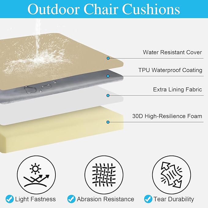 Amagenix Outdoor Chair Cushions Set of 2, 20"x20"x3" Waterproof Outdoor Seat Cushions for Patio Furniture, Stripe Reversible Patio Cushions with Ties & Handle & Hidden Zipper, Fade-Resistant,Beige