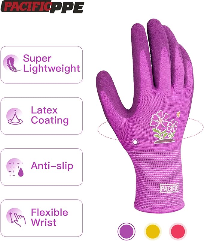PACIFIC 3 Pairs Gardening Gloves for women, Rubber Coated Garden Gloves, Ladies Yard Work Gloves, Breathable, Purple & Yellow & Red, Medium