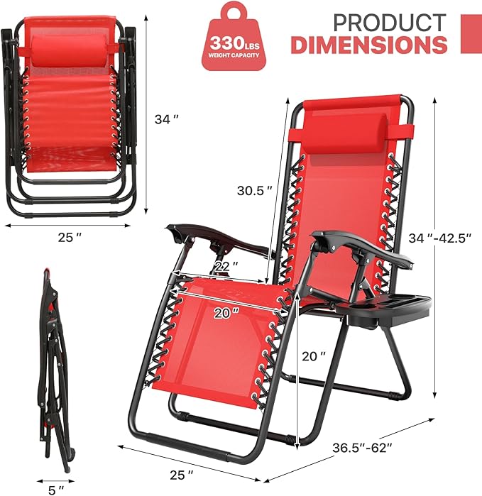 Magshion Zero Gravity Lounge Chairs Set of 2, Outdoor Patio Reclining Chair with Side Tray, Adjustable Anti-Gravity Recliners with Pillow Headrest, Folding Lounger for Lawn Camping Beach, Red