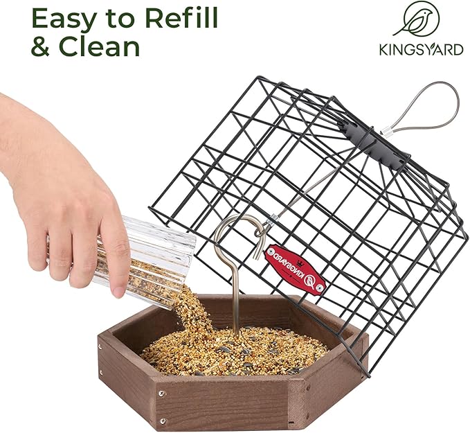 Kingsyard Squirrel Proof Platform Bird Feeders for Outdoor Hanging, 10" Wide Metal Caged Bird Feeder for Small Wildbirds Finches, Recycled Plastic Feeding Platform with Metal Seed Tray, Brown