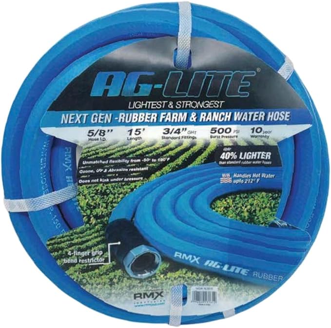 AG-LITE BSAL5815 5/8" x 15' Hot/Cold Water Rubber Garden Hose, 100% Rubber, Ultra-Light, Super Strong, 500 PSI, 50F to 190F Degrees, High Strength Polyester Braided